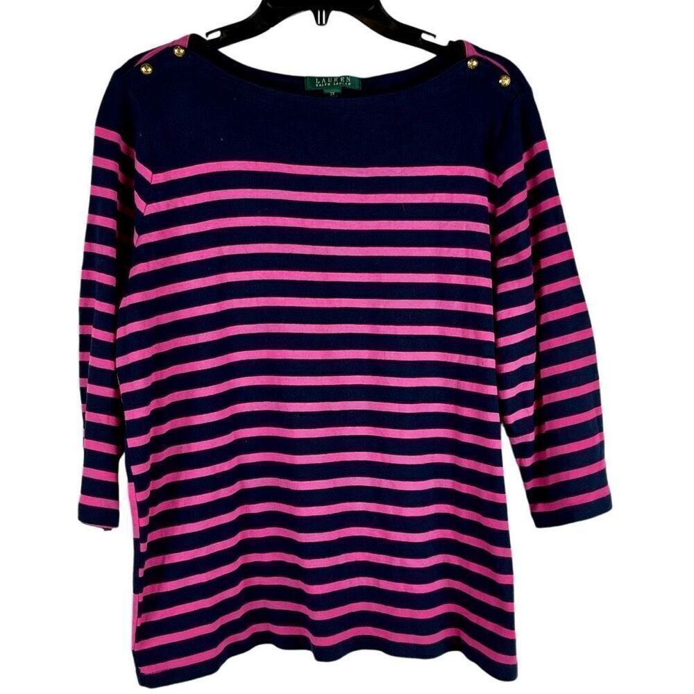 Lauren Ralph Lauren Navy and Pink Striped Boatneck Sweater Top